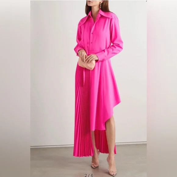 Christopher John Rogers Pleated Asymmetric Skirt Neon Pink Wool Blend - Picture 2 of 15